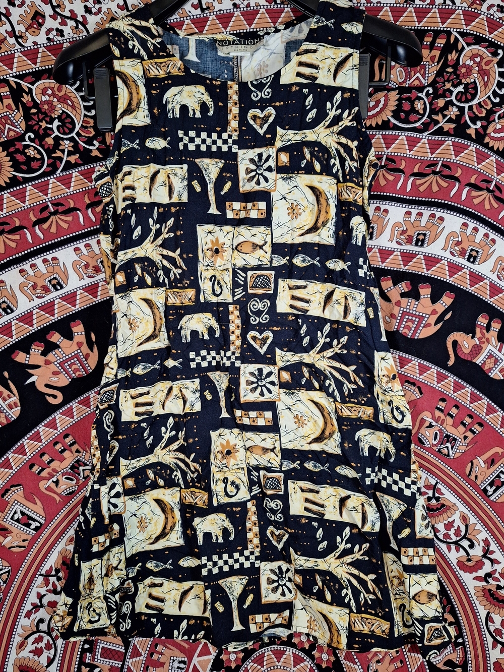 Vintage Notations Petite Black and Cream Elephant Patchwork Sleeveless Sundress